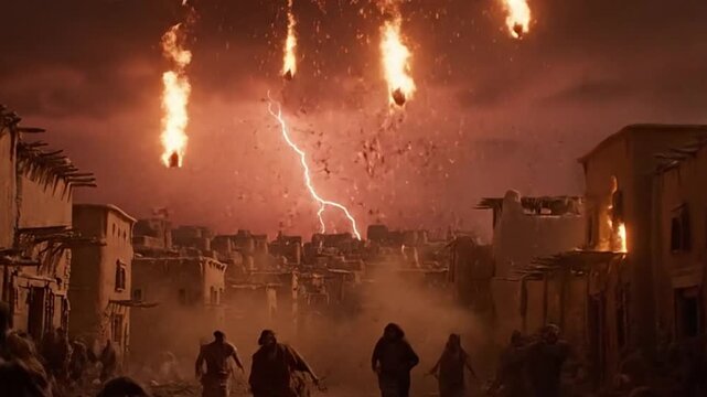 Sodom and Gomorrah dramatic destruction panicked people fleeing biblical story concept