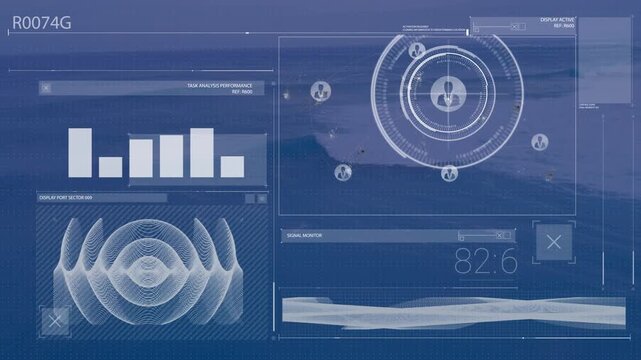Animation of scope scanning and data processing over fit man running by seaside
