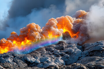 Fototapeta premium Volcano lava eruption magma rainbow smoke fire ash steam landscape under dramatic sky, molten rock flow, glowing heat meeting ocean water, vibrant color band cutting through dense plume, raw power