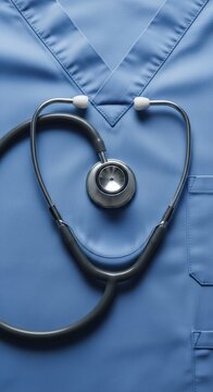 Stethoscope on blue medical scrubs closeup.