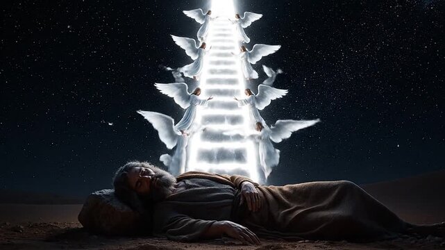 Jacob spiritual dream seeing ladder to heaven on night desert background biblical story concept