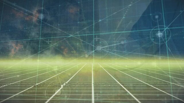 Animation of dots interconnecting with lines and grid pattern with lens flare on abstract background
