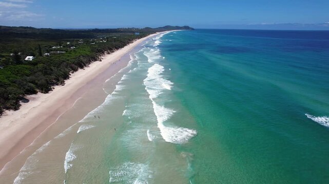 Blue Sea And White Sandy Shore Of Tallow Beach, Byron Bay, NSW, Australia - Drone Shot
