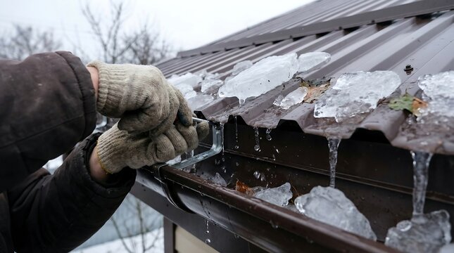 Person in gloves removing ice from a brown metal roof gutter in winter