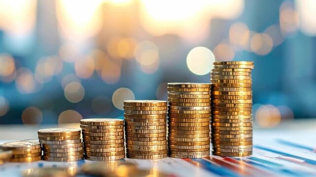 Stacks of golden coins arranged in ascending order, representing financial growth and investment.