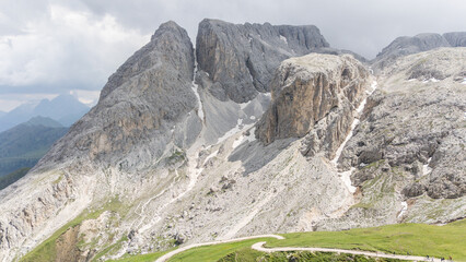 Drone view, aerial of surrounding mountains and alpine peaks near Tierser alpl ( Rifugio Alpe di...