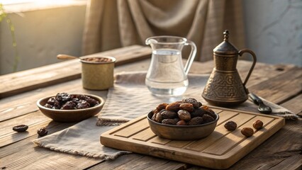 Dates and water on a traditional wooden table setting