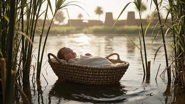 Baby Moses in basket peaceful floating on Nile river biblical story concept