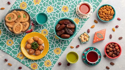 Traditional Middle Eastern snacks and tea on decorative cloth