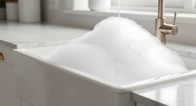 Modern kitchen sink full of white soap bubbles overflowing from the faucet, representing a clean home concept and daily domestic chores.