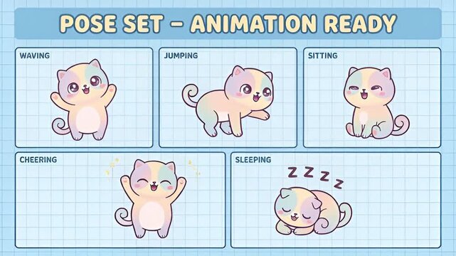Cute Cat Pose Set for Animation, Kawaii Kitten Character with Waving Jumping Sitting Cheering and Sleeping Poses, Kawaii Cat Animation Pose Set, game character asset design, 
kawaii animation sprites