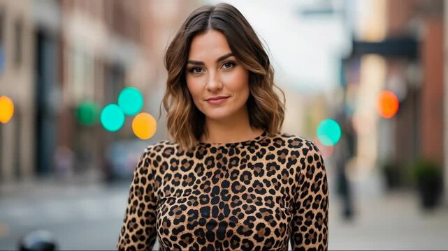 Confident woman walking through urban street in stylish leopard print outfit