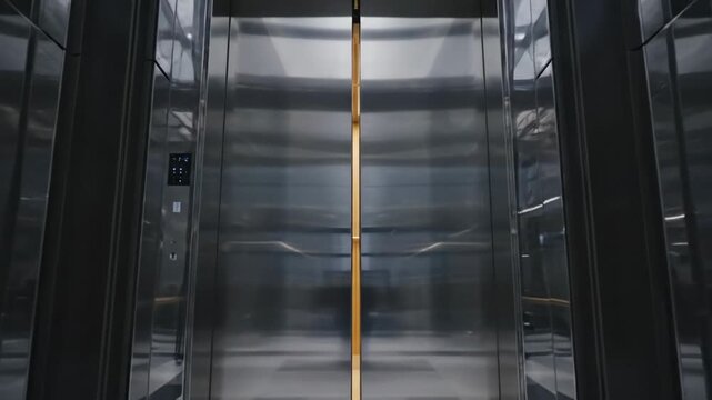 Modern elevator with shiny l walls and illuminated interior, reflecting contemporary design.