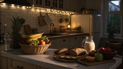 Cozy kitchen counter with fresh fruit and bread at night
