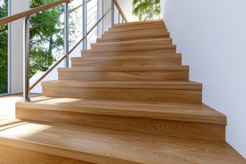 Wood stair modern staircase indoor step glass railing bright interior minimalist design natural light wooden floor lead upward contemporary home sunlight highlighting clean architectural line