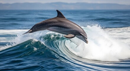 Fototapeta premium Dynamic photograph captures a sleek bottlenose dolphin gracefully leaping high above a curling ocean wave with water splashing