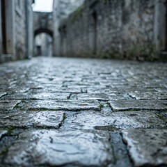 Obraz premium Moody Wet Cobblestone Alley Focus Foreground Texture Background