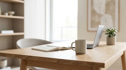 Modern office design with copy space and blurred background concept. Modern workspace with a laptop, mug, and plant on a wooden table.