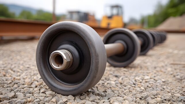 Series of industrial wheels on an axle resting on gravel near railway tracks and construction equipment