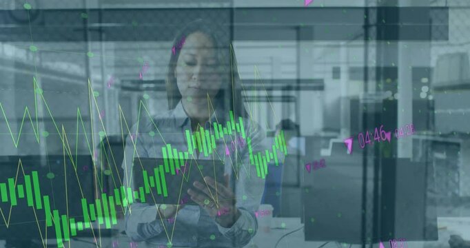 Animation of statistics and financial data processing over man using computer in warehouse