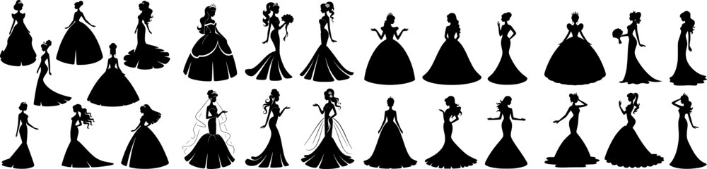 Collection of elegant female silhouettes in princess and bridal gowns. Vector set with graceful poses, crowns and dresses, perfect for weddings, fashion and fairy tale designs. © Yevhen