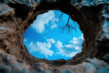 Sky cloud hole tree branch trunk bark perspective frame bright blue sky with fluffy cloud through rough soil ring while single bare branch reach inward creating surreal natural window view