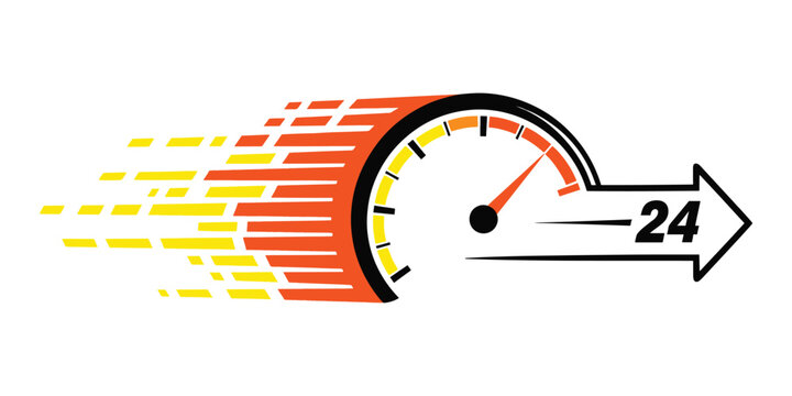 Speedometer graphic with orange and yellow motion lines and 24 hour arrow