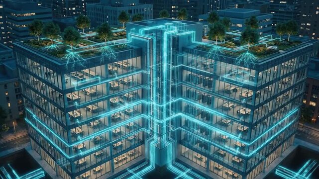 Smart modern office building with green rooftop garden, glowing technology network connections illustrating sustainable urban architecture and business innovation.