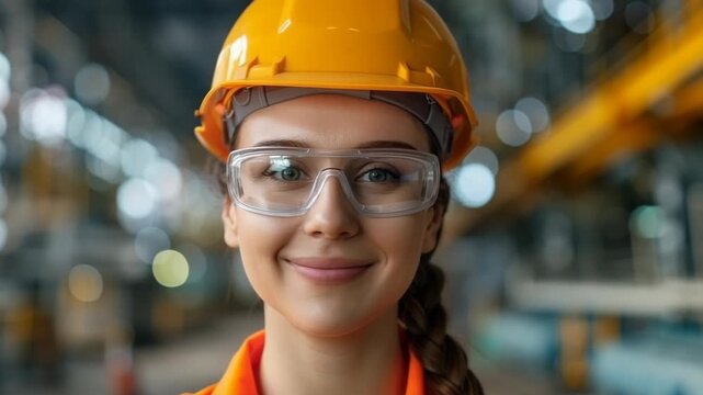 Woman wearing protective hard hat and safety glasses smiling in an industrial environment, showing workplace safety.