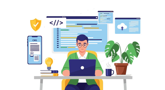 Person works at a laptop in an office, surrounded by coding icons, a CMS on a phone, a plant, books, and a coffee cup, conveying productivity.