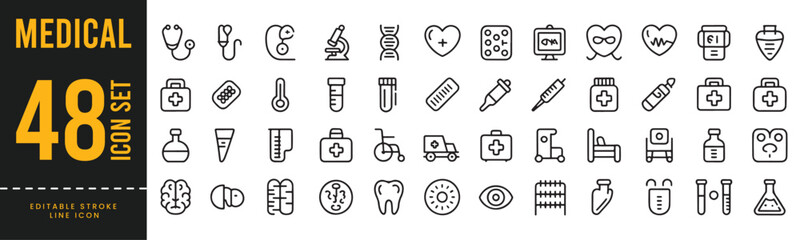 Medical and Healthcare Line Icon Set - Doctor, Hospital, First Aid, and Diagnostic Symbols. © Ahmed