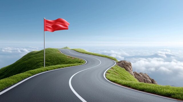 A beautiful winding road ascends through vibrant green hills. Bright red flags flutter in the gentle breeze, welcoming travelers to a stunning mountain vista above the clouds