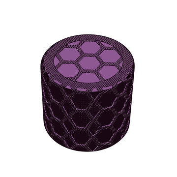 Vector illustration of an abstract cylindrical component with a deep purple hexagonal pattern, symbolizing advanced graphene material and supercapacitor technology