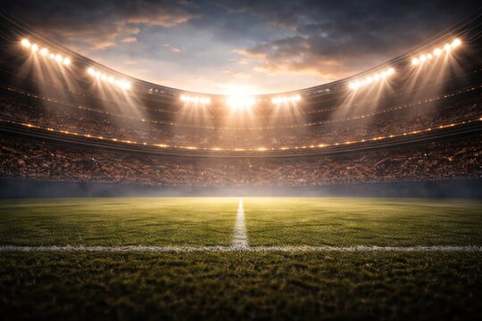 Wide stadium view with light haze, generic crowd, no logos