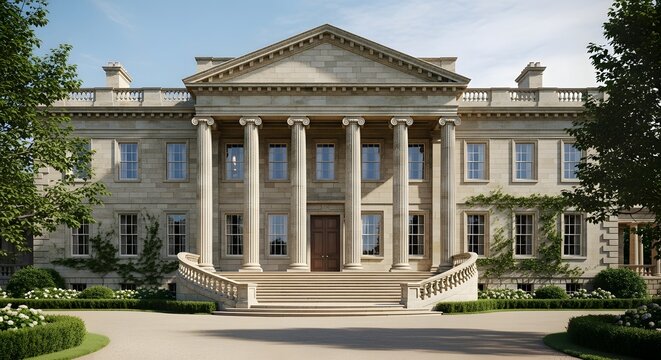 Majestic neoclassical mansion entrance featuring grand Ionic columns and sweeping stone steps under clear sunlight