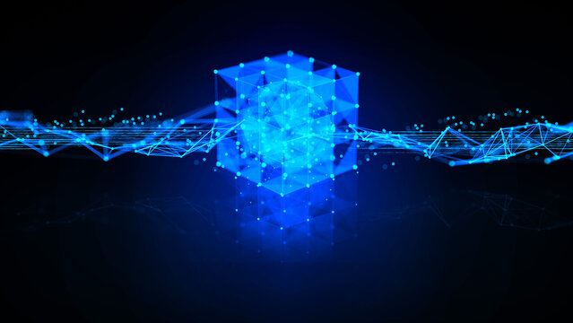 Dynamic modern data center network connection crystal cube storage for futuristic tech innovation and data stream data flow with Artificial Intelligence