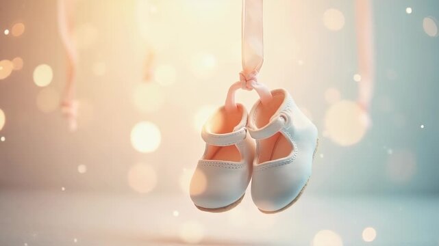 Minimalist pregnancy announcement with baby shoes suspended in mid-air surrounded by soft glowing light orbs, delicate fabric ribbons swirling gently
