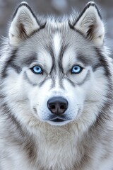 Siberian Husky Portrait With Intense Stare, Capturing Its Wild Essence Against a Gray Backdrop
