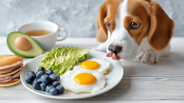 A beagle with a sad expression rests its head on a table, gazing longingly at a plate filled with breakfast delights. Fresh blueberries, eggs, pancakes, and avocado create a colorful feast