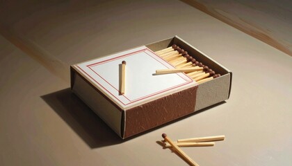 Matchbox with matches, one upright match on top, textured sides, white top with red border, soft shadows
