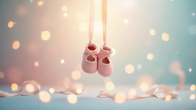 Minimalist pregnancy announcement with baby shoes suspended in mid-air surrounded by soft glowing light orbs, delicate fabric ribbons swirling gently