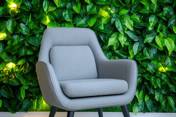 Gray armchair cushion green leaf wall modern interior comfort relaxation lounge scene with soft fabric seat set before lush indoor vertical garden accent feature