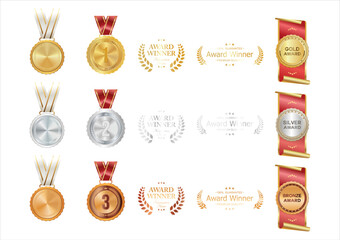 Realistic medal collection. Award golden medals 3d vector realistic illustration. Medal icon set. First place medals or buttons 