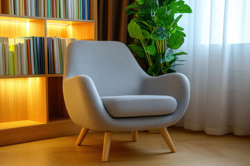 Modern armchair gray chair fabric upholstery wooden leg cozy corner reading nook home interior living room natural light bookshelf frame inviting scene