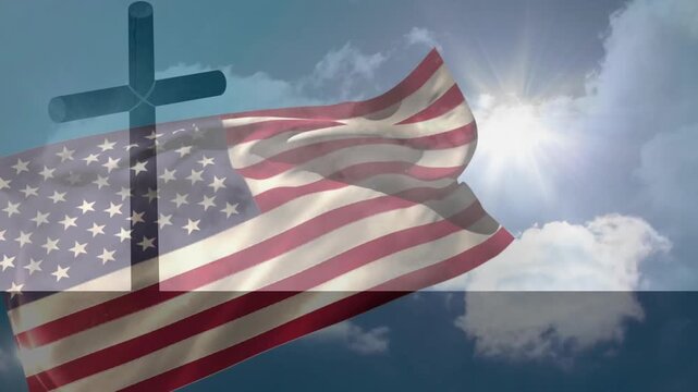 American flag with cross symbol overlay waving in bright sky animation