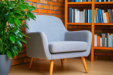 Modern armchair living room interior design brick wall house plant bookshelf wooden floor cozy corner reading nook home decor creates calm stylish space for relaxation and quiet reading time