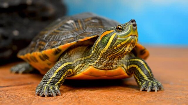 Vibrant turtle with yellow and orange stripes on wooden surface