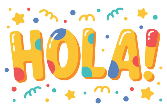 Illustration of the word hola with confetti and star shapes