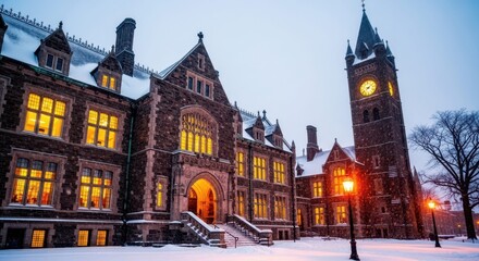 Winter's Embrace: Historic Building in Snowfall 