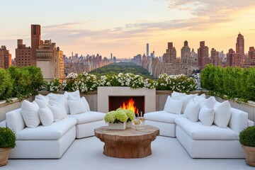 Obraz premium Urban Oasis: A luxurious rooftop terrace overlooks a stunning cityscape. With plush seating, a crackling fireplace, and vibrant floral arrangements. A tranquil escape.
